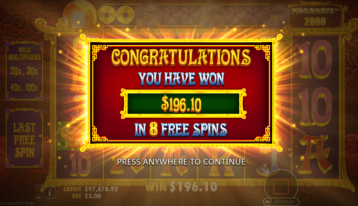 196 free spin win