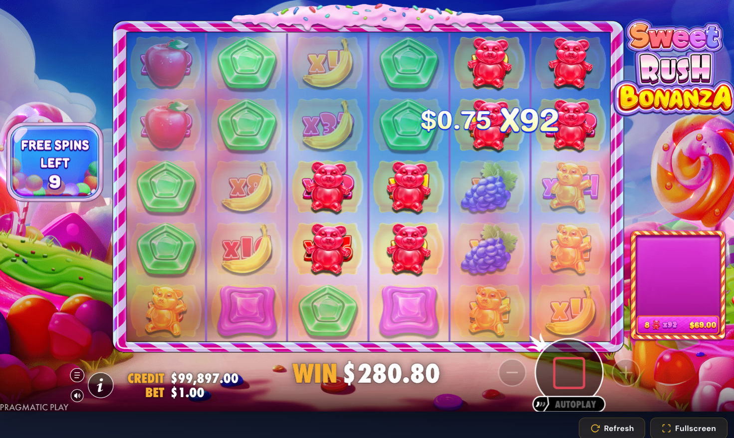 Sweet Rush Bonanza bonus round reel grid