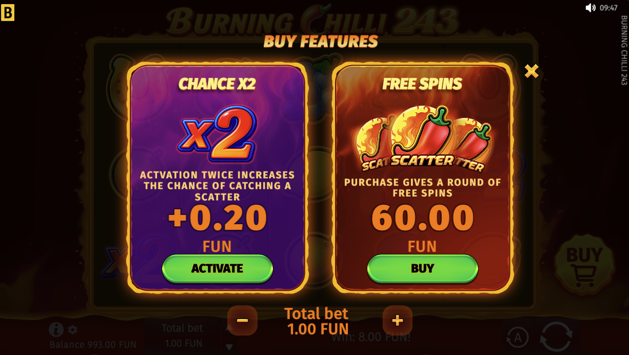Free spins purchase screen