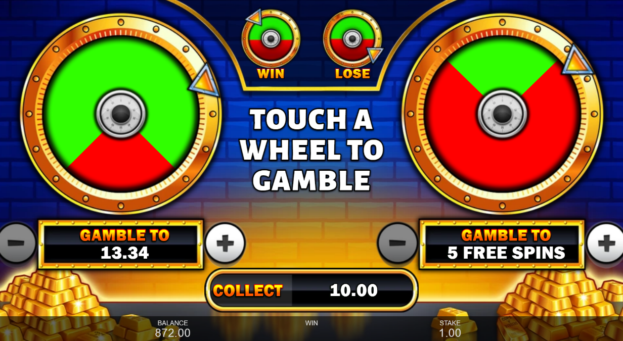 gamble feature showing two wheels with cash and free spins options