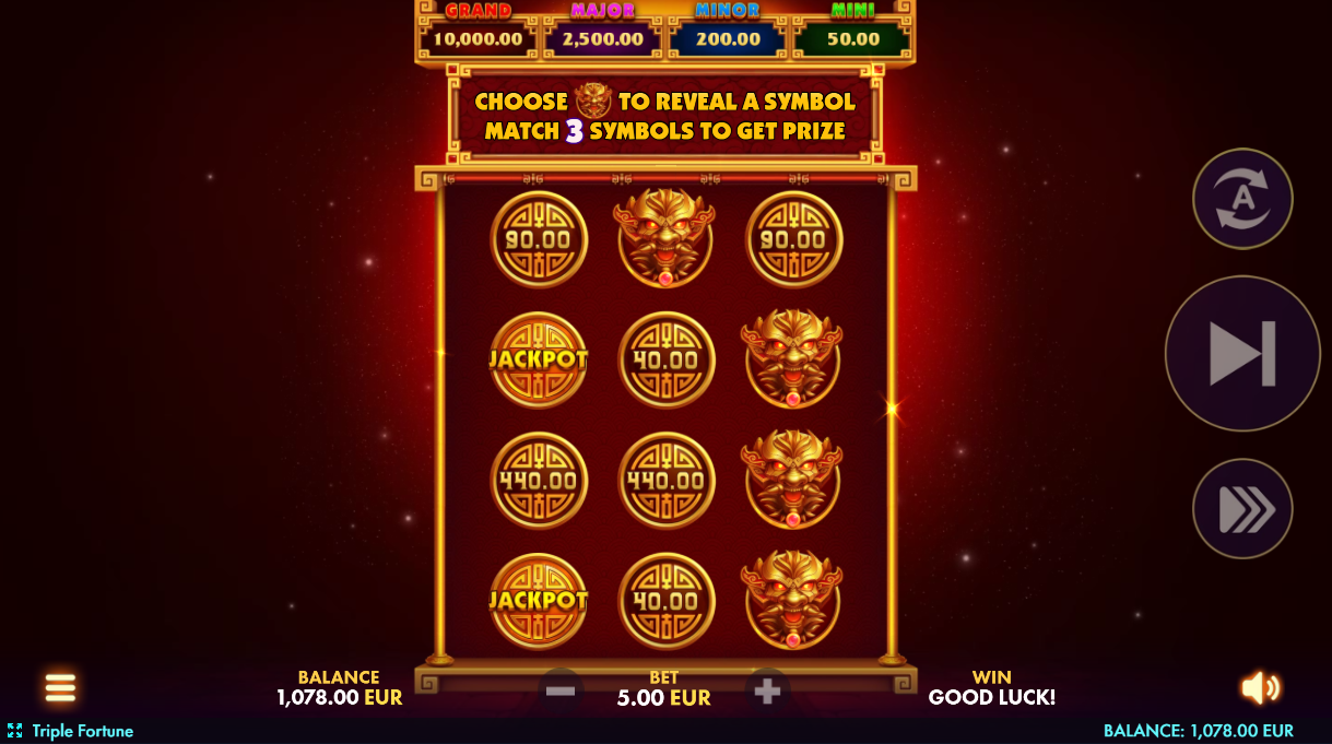 Triple Fortune Pick'em Bonus showing 12 selection tiles
