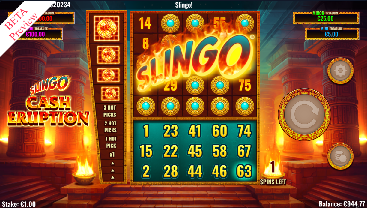 Slingo Cash Eruption grid screenshot