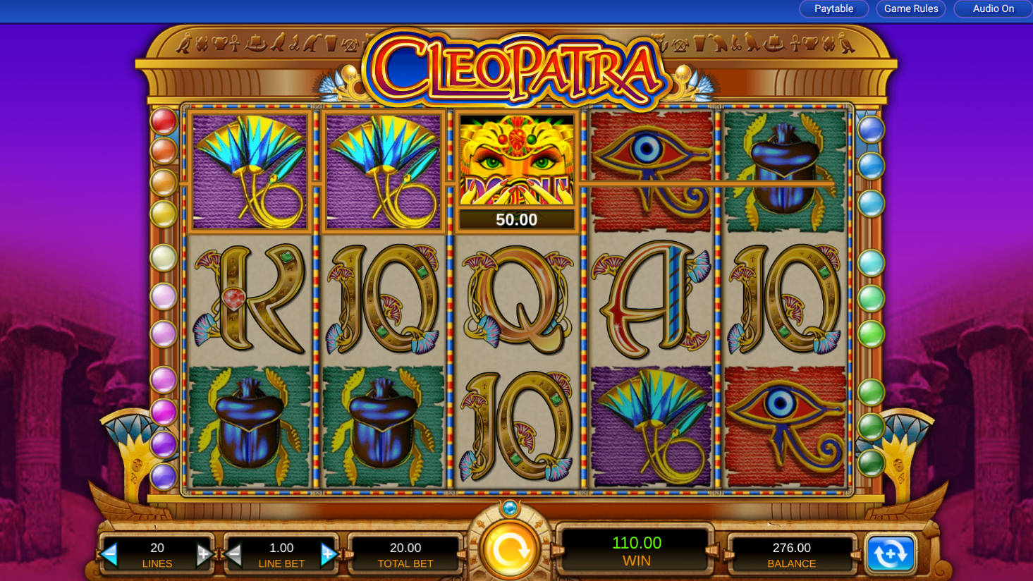 A small win on the Cleopatra slot in free play demo mode