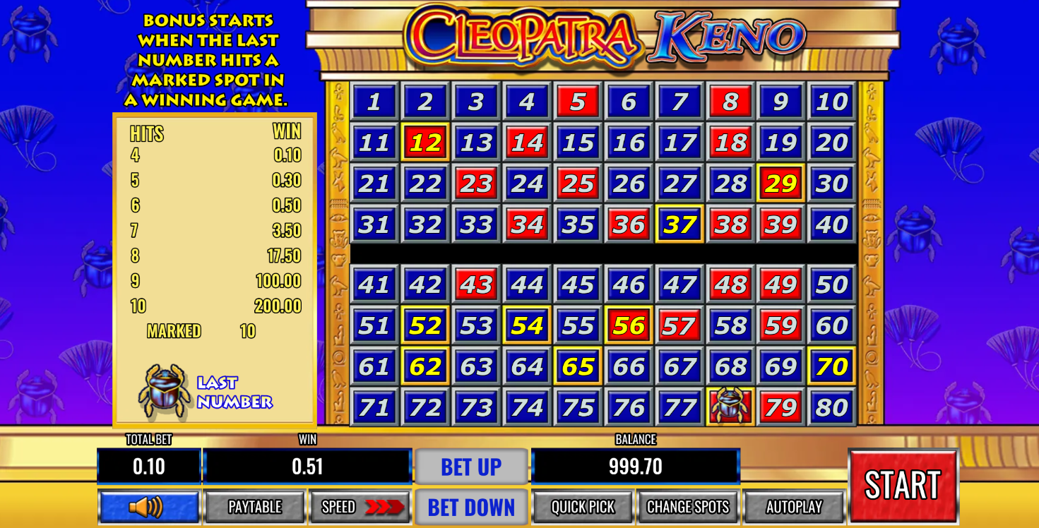 Standard gameplay grid in Cleopatra Keno