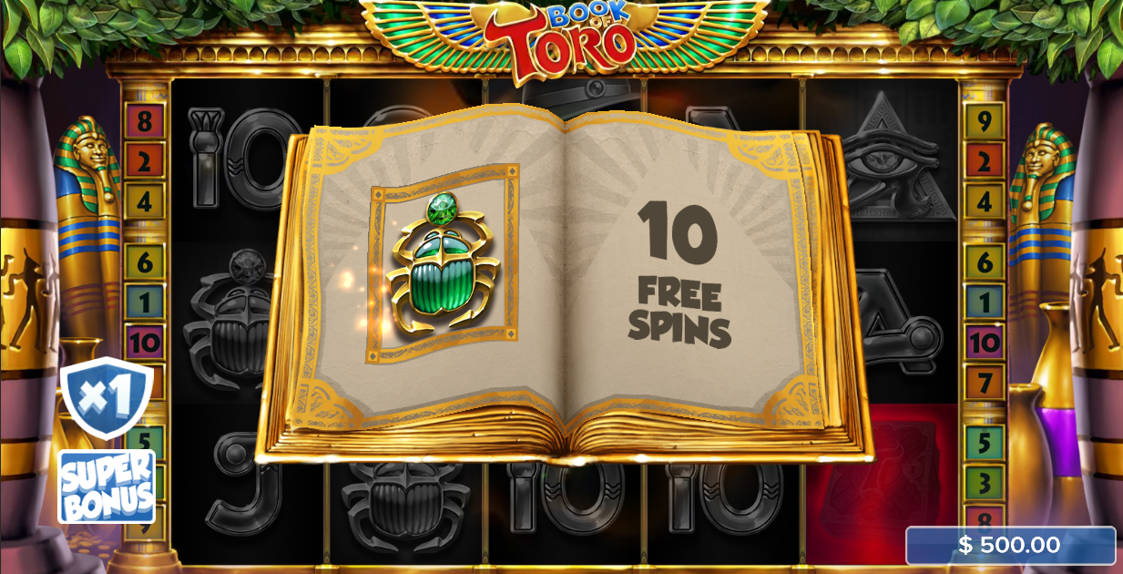 Book of Toro Super Bonus trigger screen with scarab expansion symbol