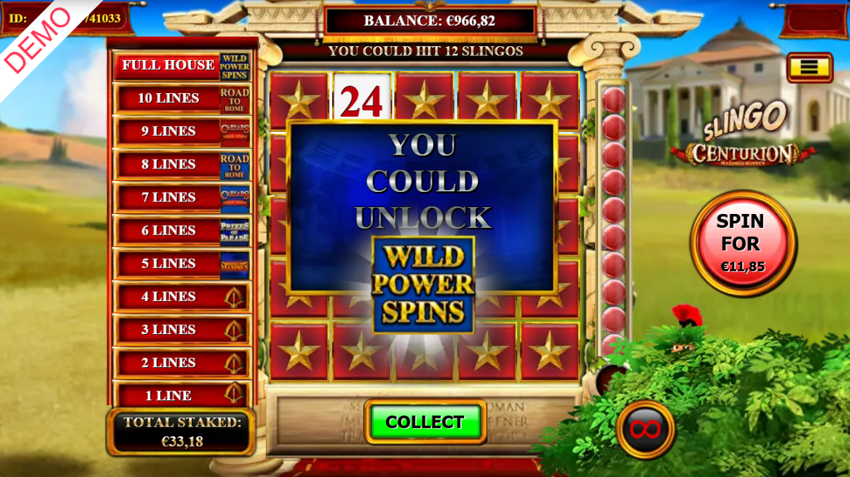 Slingo Centurion gameplay screen with 10 completed lines