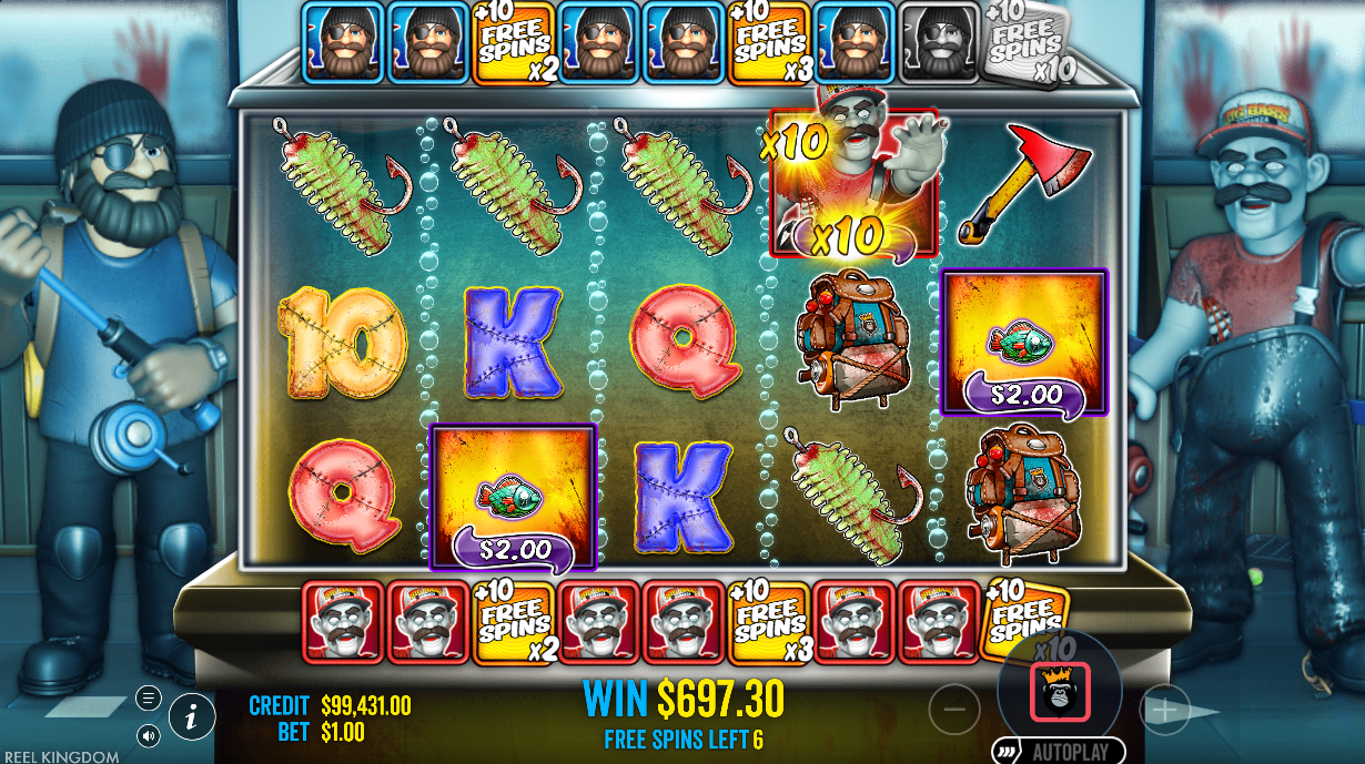 Big Bass Halloween Zombie bonus round in progress with a 10x multiplier symbol active on the reels