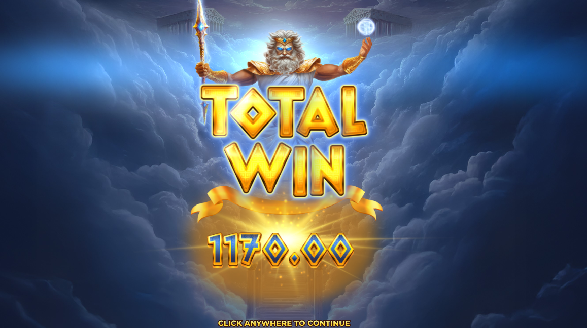 total win screen showing 1170.00 from the Super Free Spins round with Zeus above storm clouds