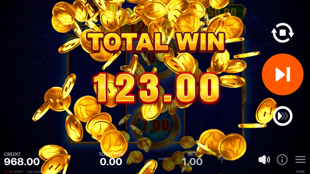 win celebration screen with gold lightning bolt coins filling the screen