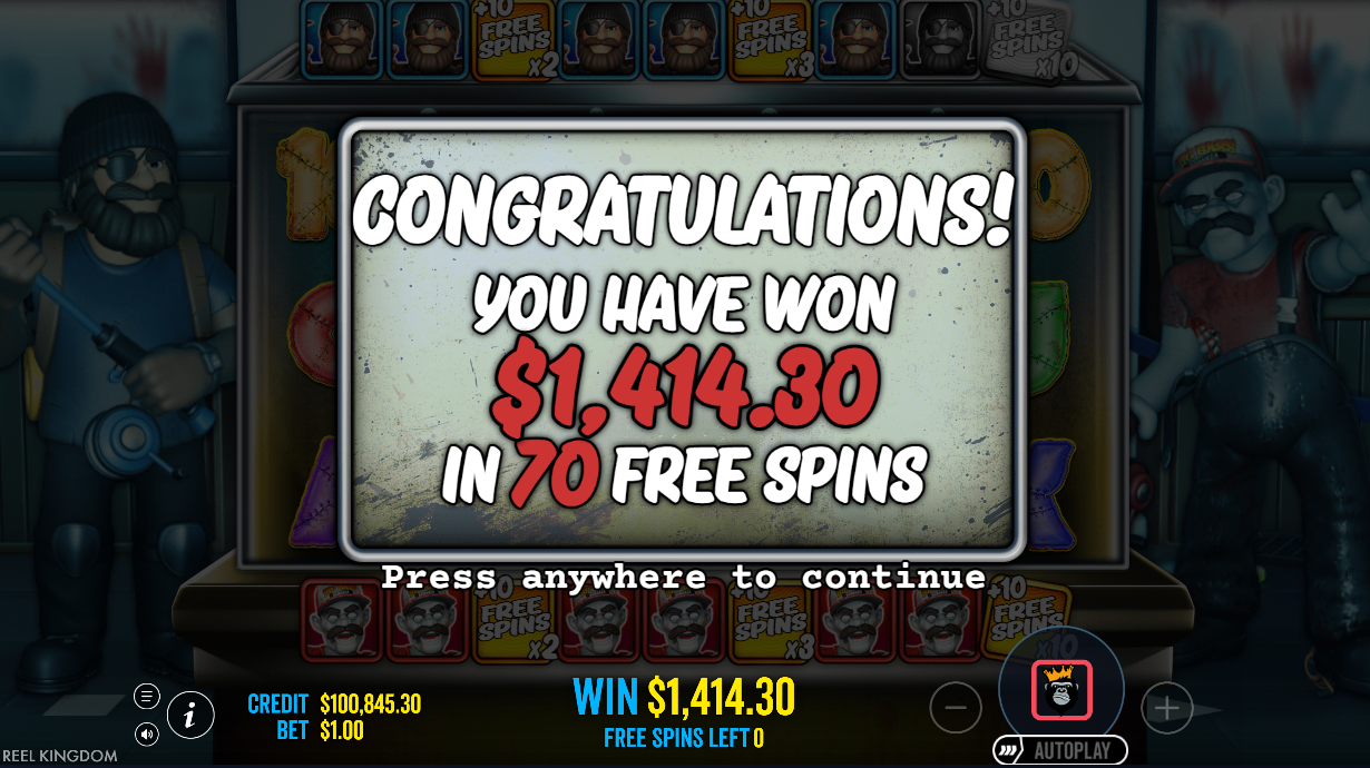 win screen with zombie fisherman characters flanking the result