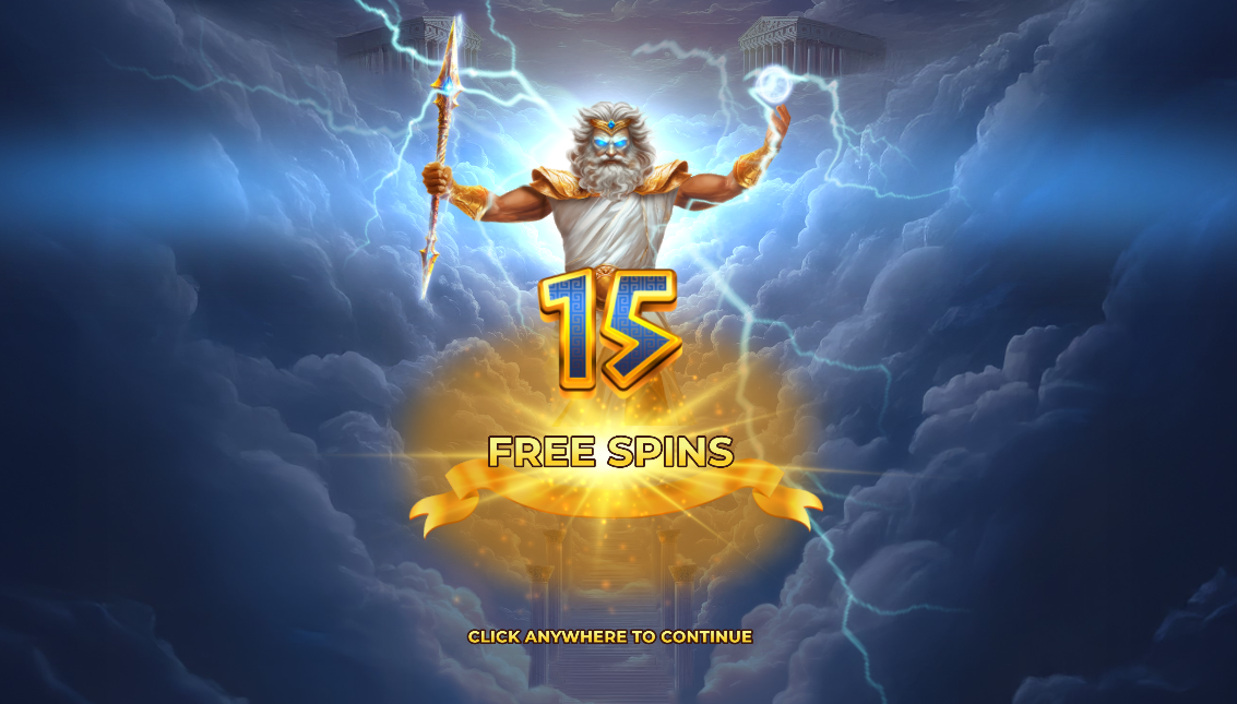 Reborn of Zeus 3000 slot free spins trigger screen showing 15 free spins awarded