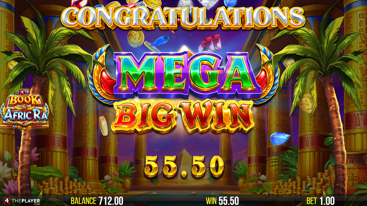 Mega Big Win 55.50 congratulations screen with palm trees on a purple night sky background