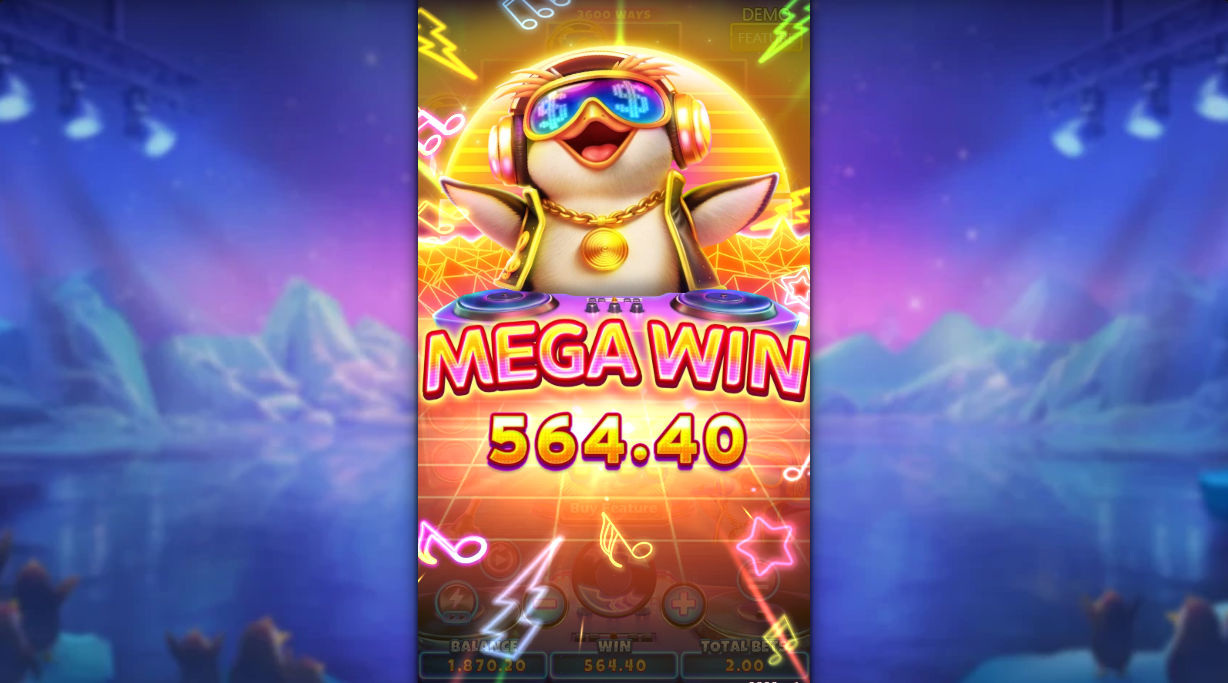 mega-win-announcement-with-neon-effects and-penguin-dj