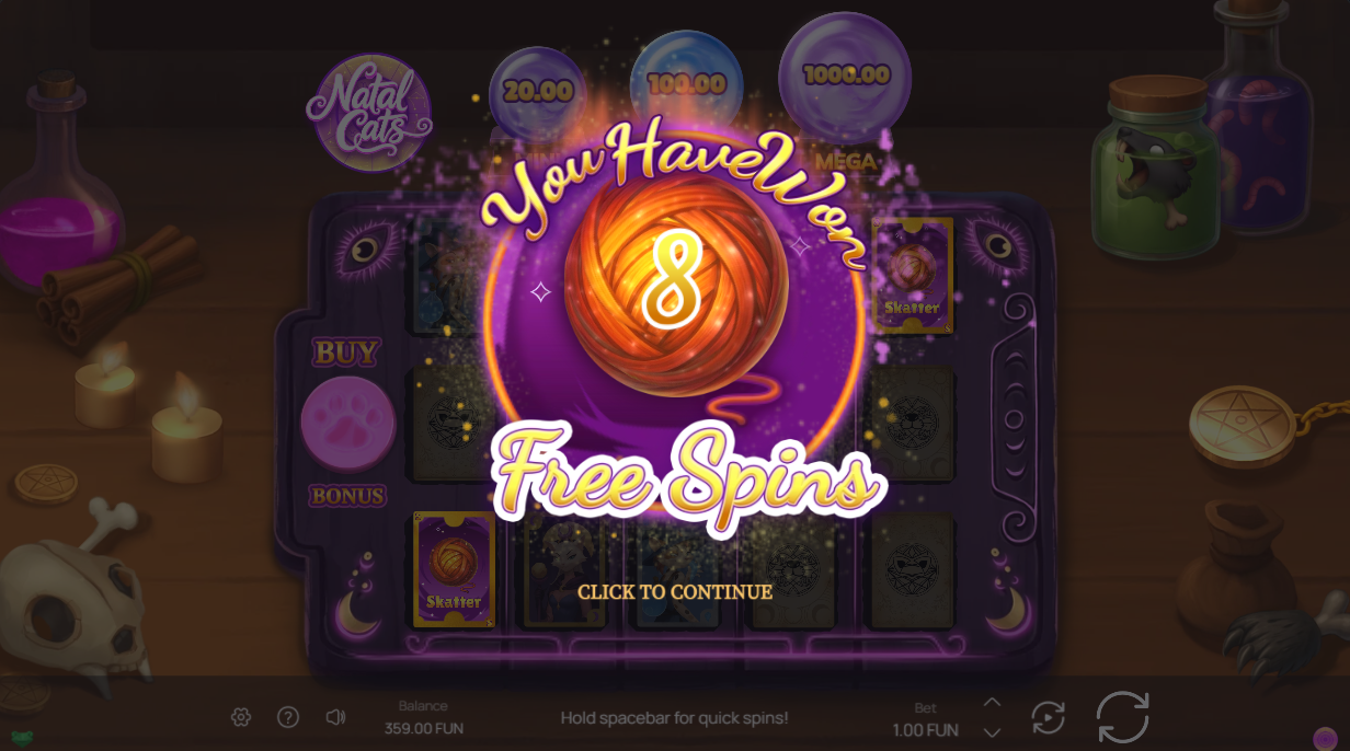 bonus trigger screen showing a glowing ball of yarn Skatter symbol