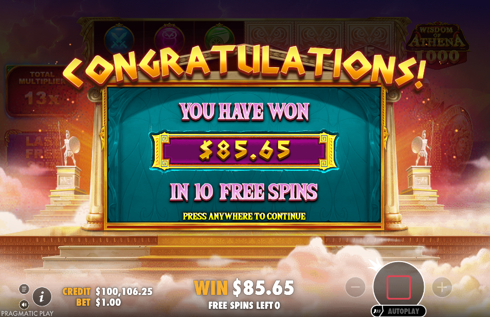 free spins total win screen