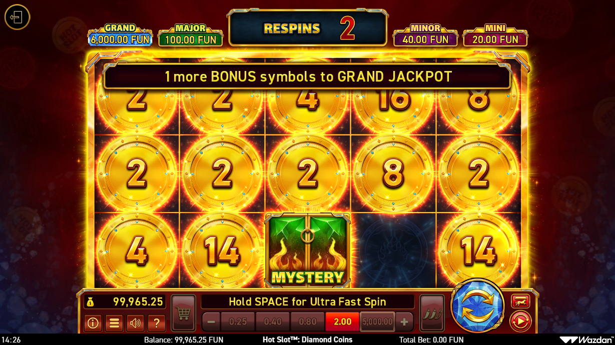 Hot Slot Diamond Coins bonus game showing 1 more bonus symbol to Grand Jackpot