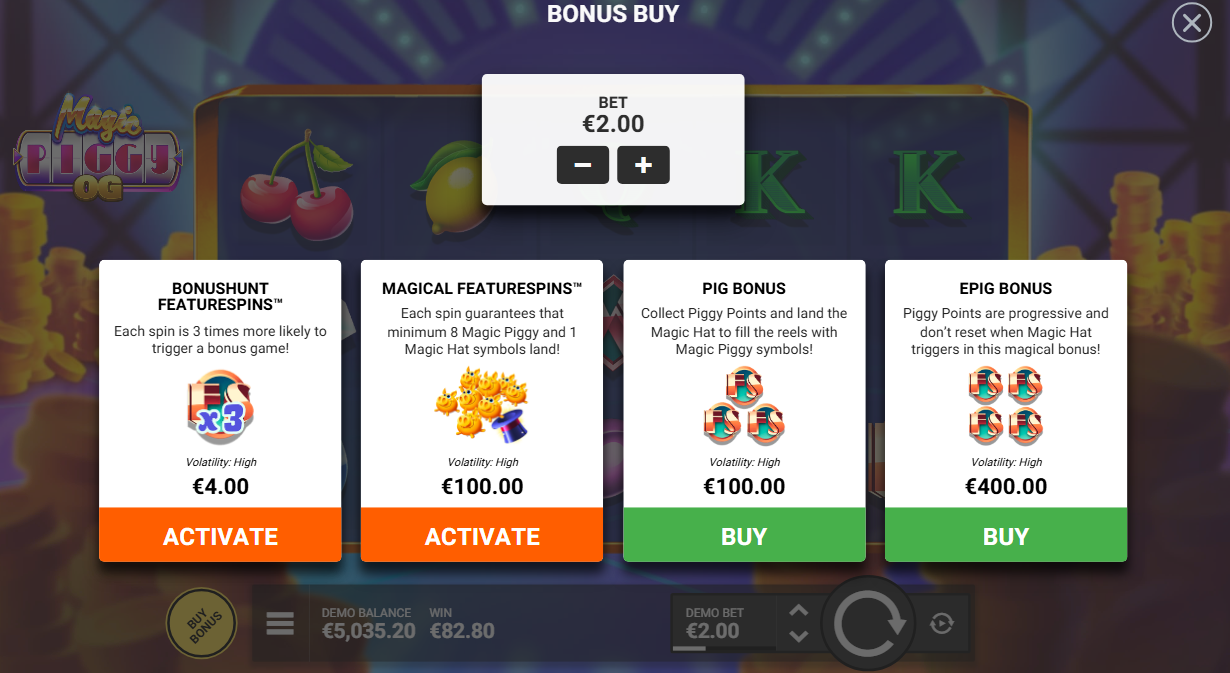 Magic Piggy OG bonus buy screen showing four options