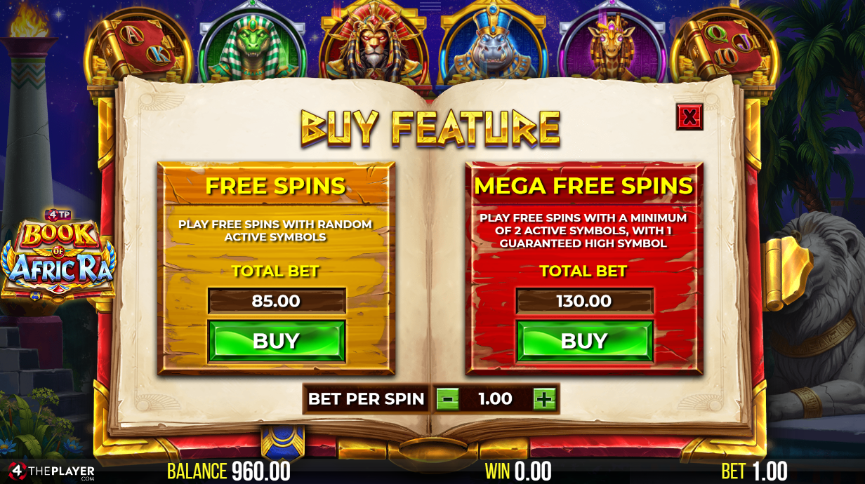 Book of AfricRa buy feature menu with Free Spins and Mega Free Spins options displayed on an open book