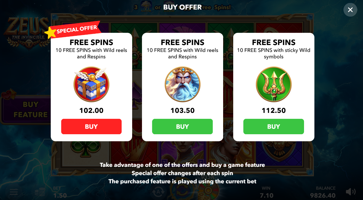 Zeus the Invincible by Mascot Gaming bonus buy menu