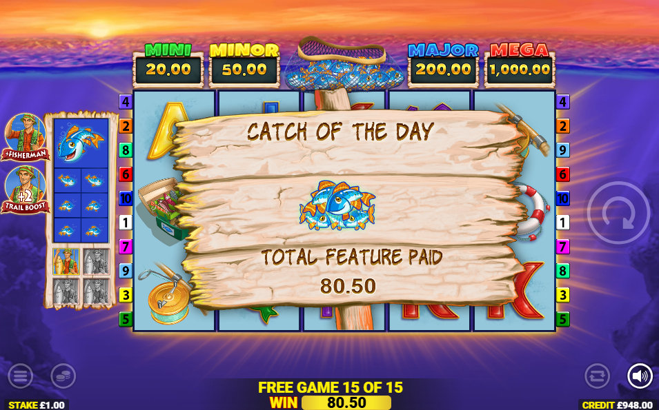 bonus round conclusion showing Catch of the Day board with £80.50 paid