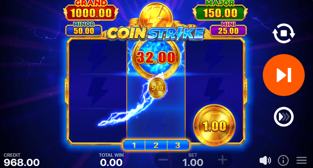 Bonus Game mid-respin showing the Strike Bonus symbol holding 32