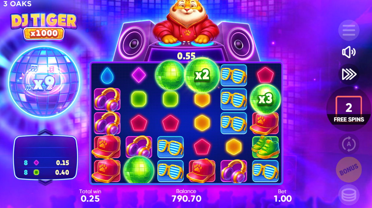DJ Tiger x1000 bonus round showing disco ball multipliers active