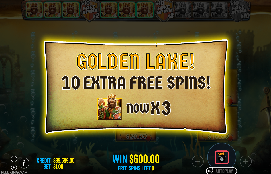Golden Lake retrigger screen awarding 10 extra free spins now at 3x