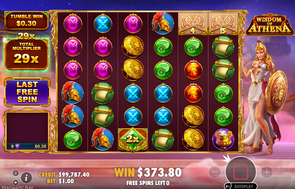 Wisdom of Athena slot final free spin showing a 29x total multiplier