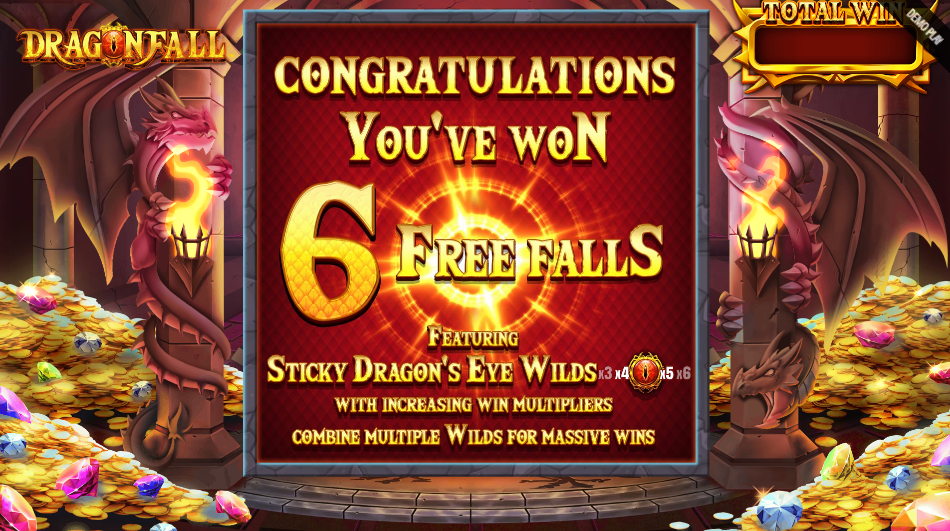 Dragonfall slot 6 Free Falls trigger screen showing Sticky Dragon's Eye Wilds