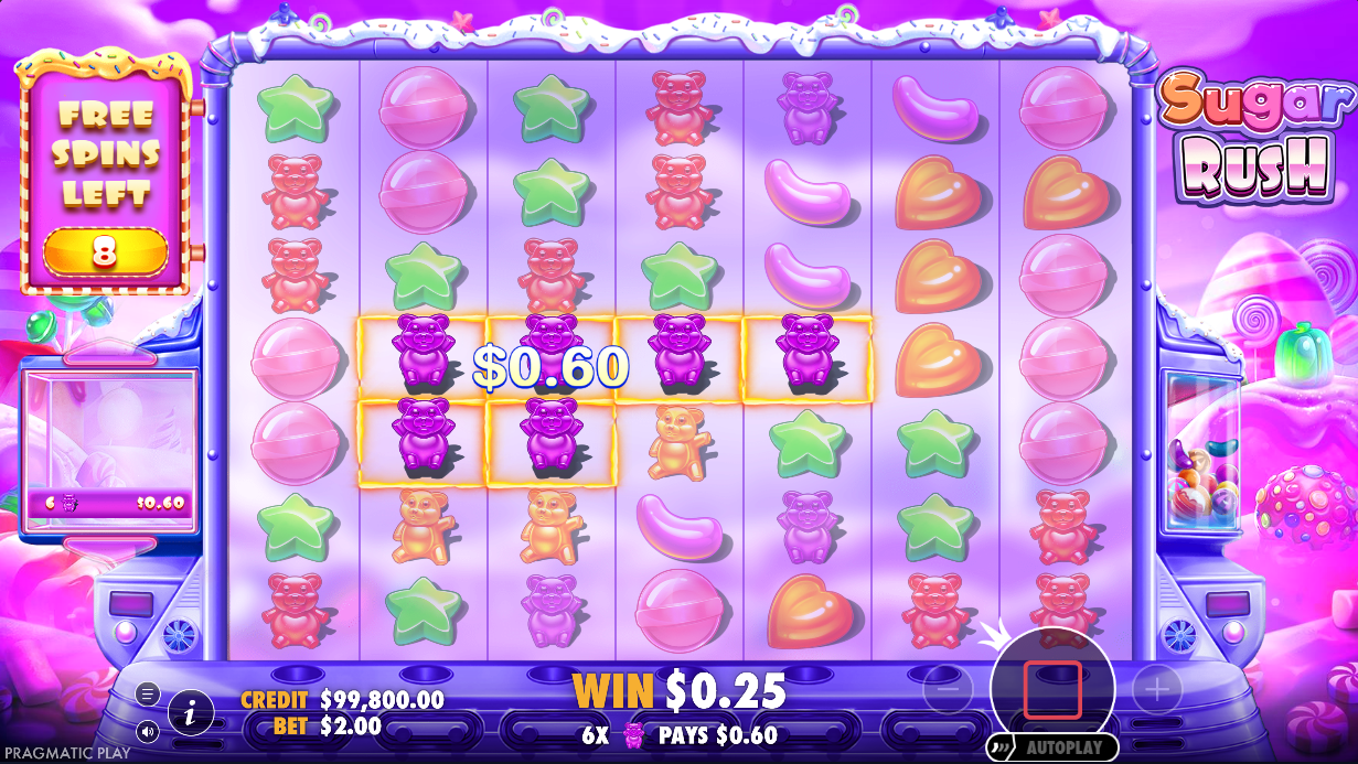 A free spins round in progress showing candy cluster symbols across the full 7x7 grid
