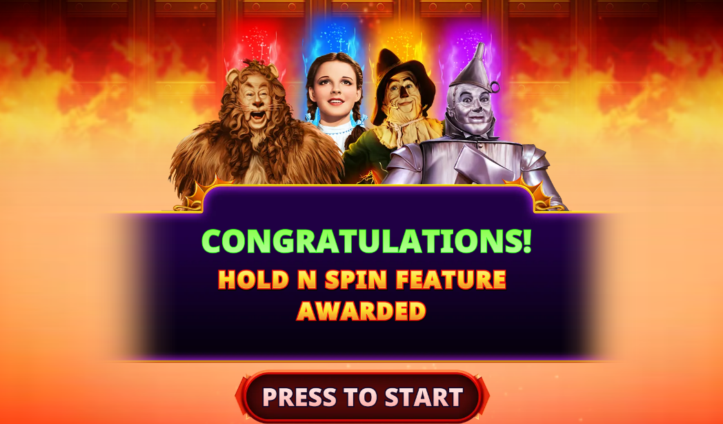 Hold N Spin trigger screen with Dorothy, Tin Man, Scarecrow and Cowardly Lion
