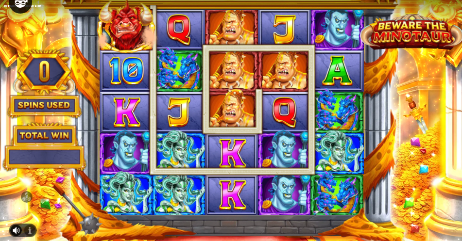 Bonus spins showing the Minotaur at the maze entrance top left