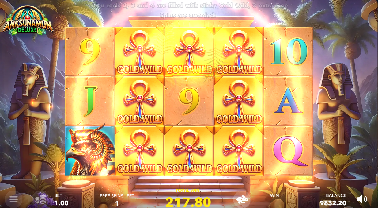 free spins showing all nine middle reel positions filled with sticky Gold Wilds