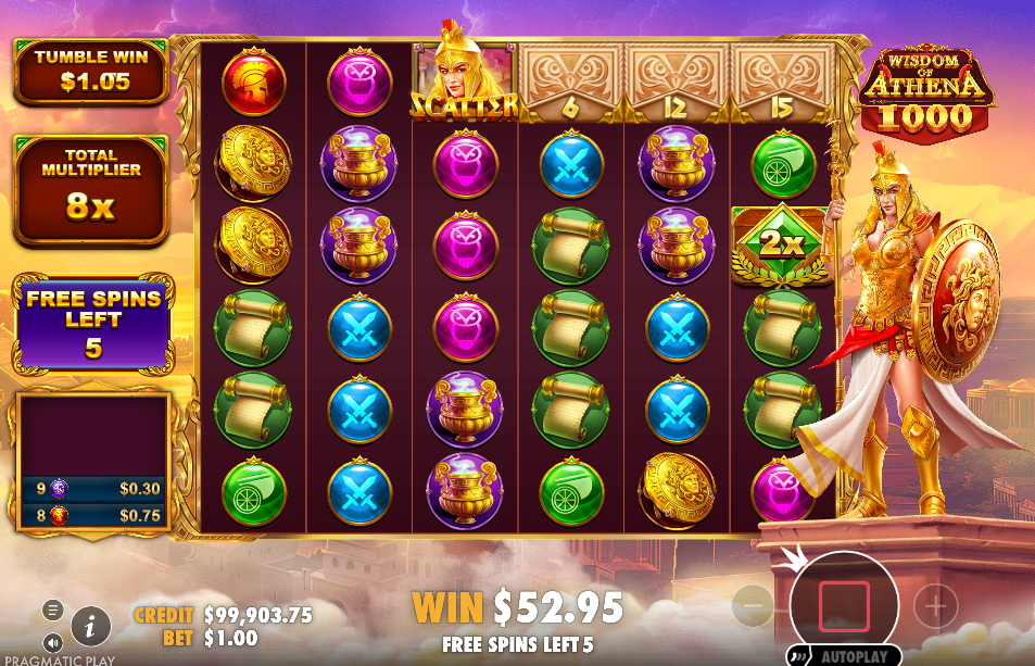 Wisdom of Athena 1000 slot free spins with 8x running multiplier