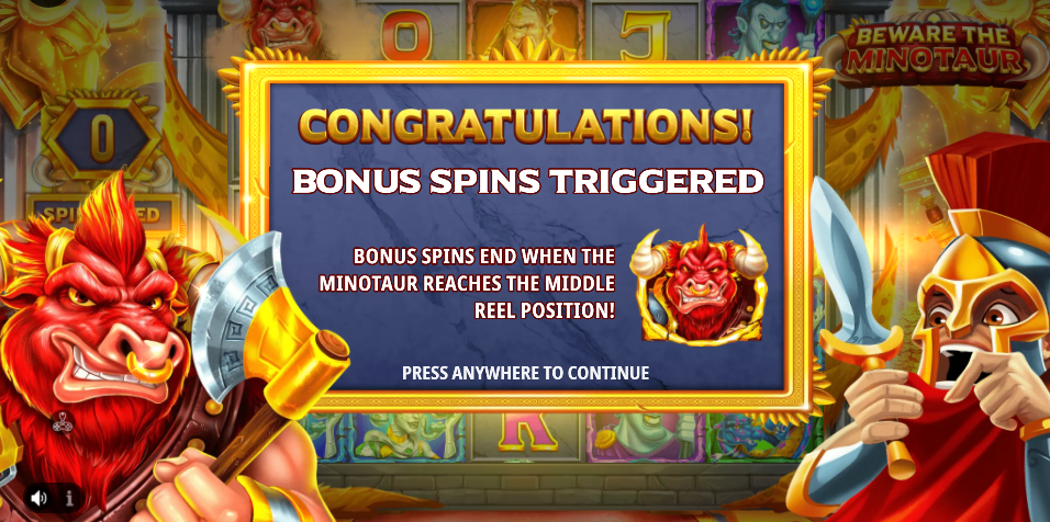 Beware the Minotaur bonus spins activation screen