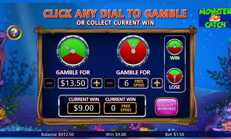 Monster Catch gamble screen with adjustable cash and free spins dials
