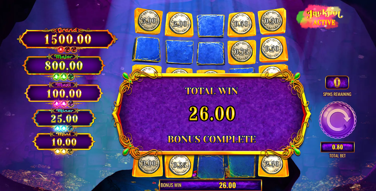 bonus complete screen with jackpot gem meters partially filled
