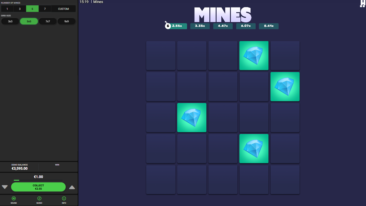 Hacksaw Mines with five revealed diamonds, 3.35x multiplier confirmed and unrevealed tiles still showing on the 5x5 grid