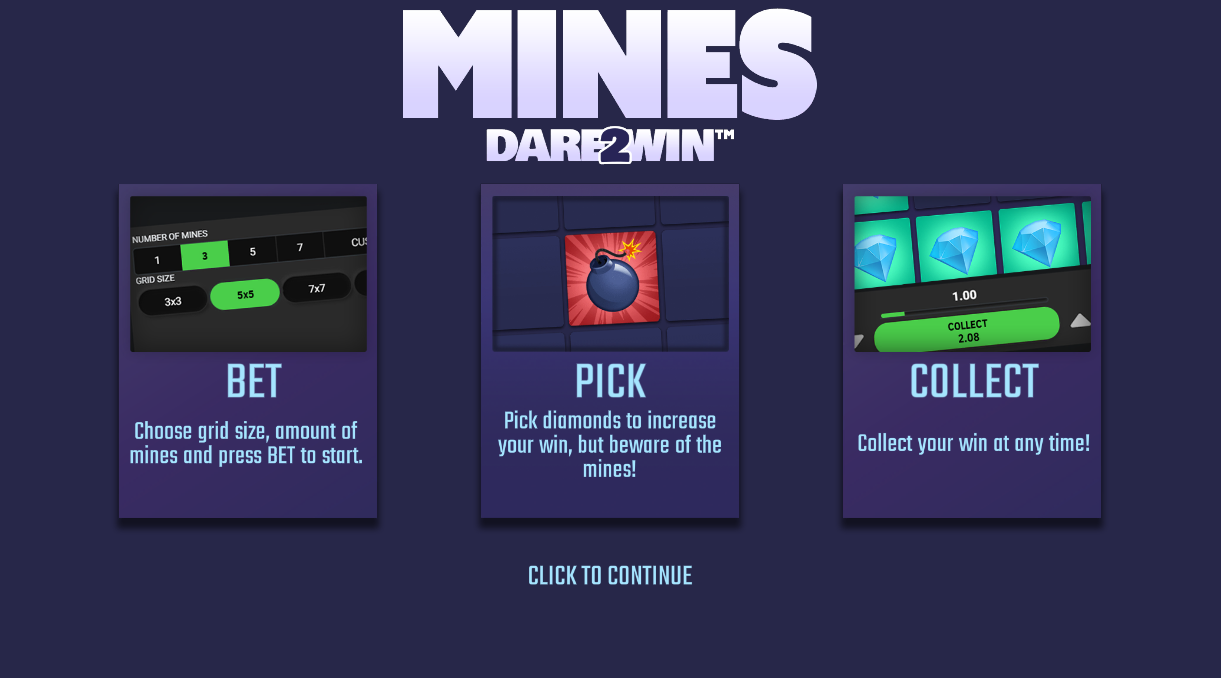 Mines Dare2Win tutorial screen