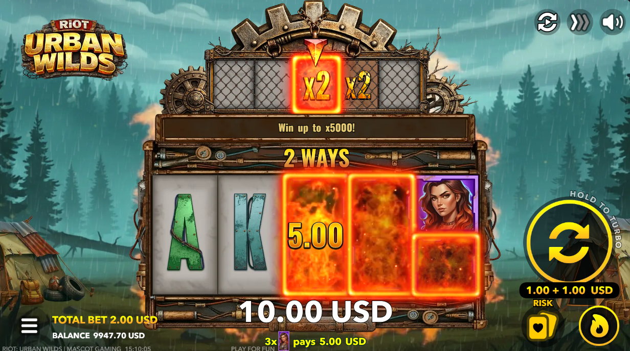 Riot Urban Wilds slot screen showing a $5 win multiplied by the 2x bonus