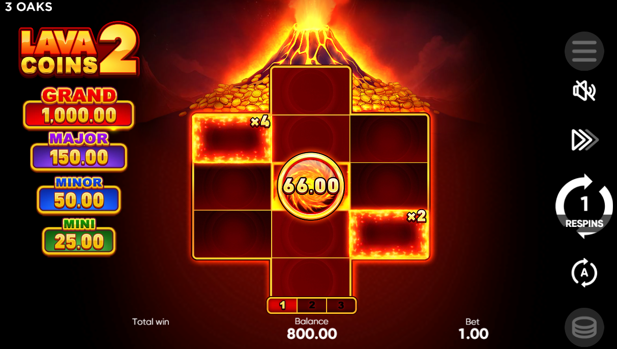 Lava Coins respins bonus with volcano multipliers