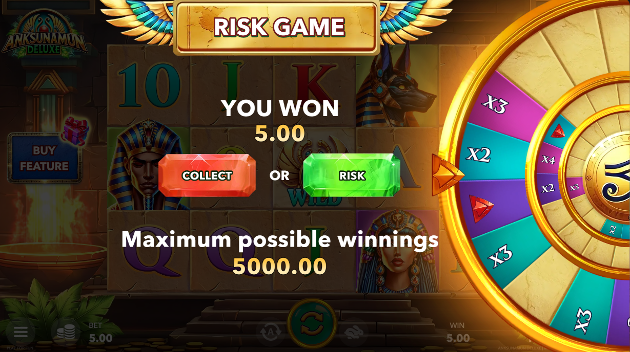 Risk Game showing collect or risk decision with a tiered multiplier wheel