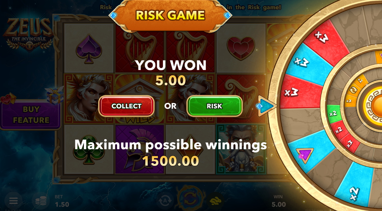 Zeus the Invincible slot Risk Game showing collect or risk decision with a multiplier wheel
