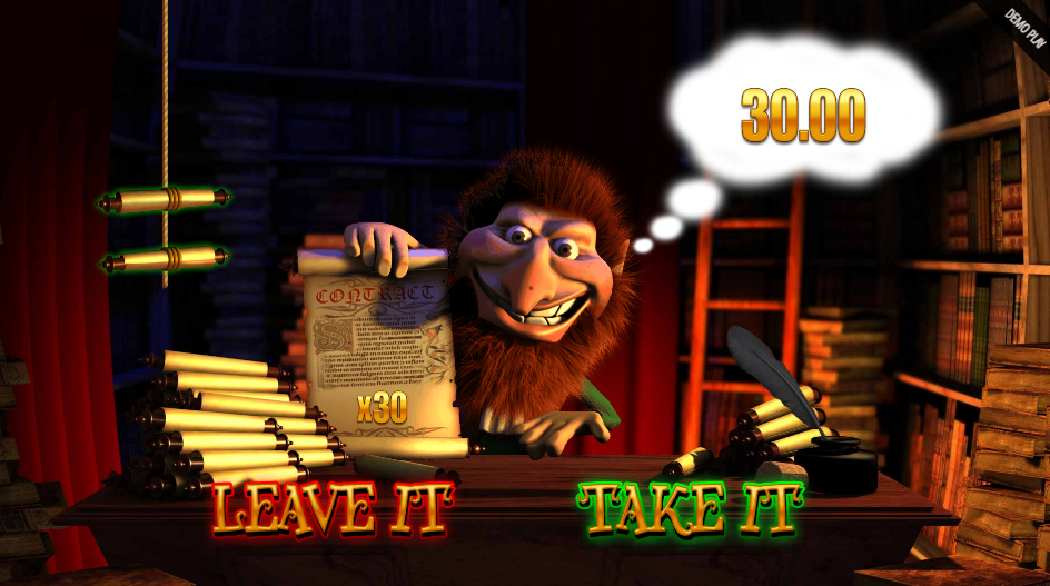 Rumpelstiltskin holding a x30 contract scroll with Take It and Leave It options