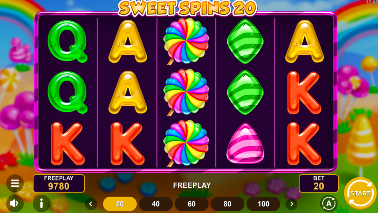 Sweet Spins 20 by 1spin4win base game showing stacked lollipop wilds