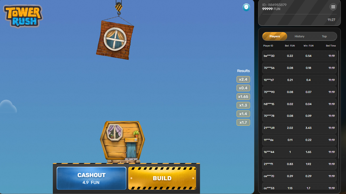 Tower Rush game mid round with a crane lowering a block