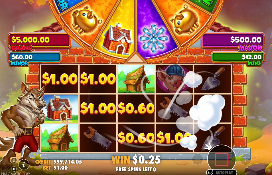 Brick House Bonanza slot wolf sequence with houses blown