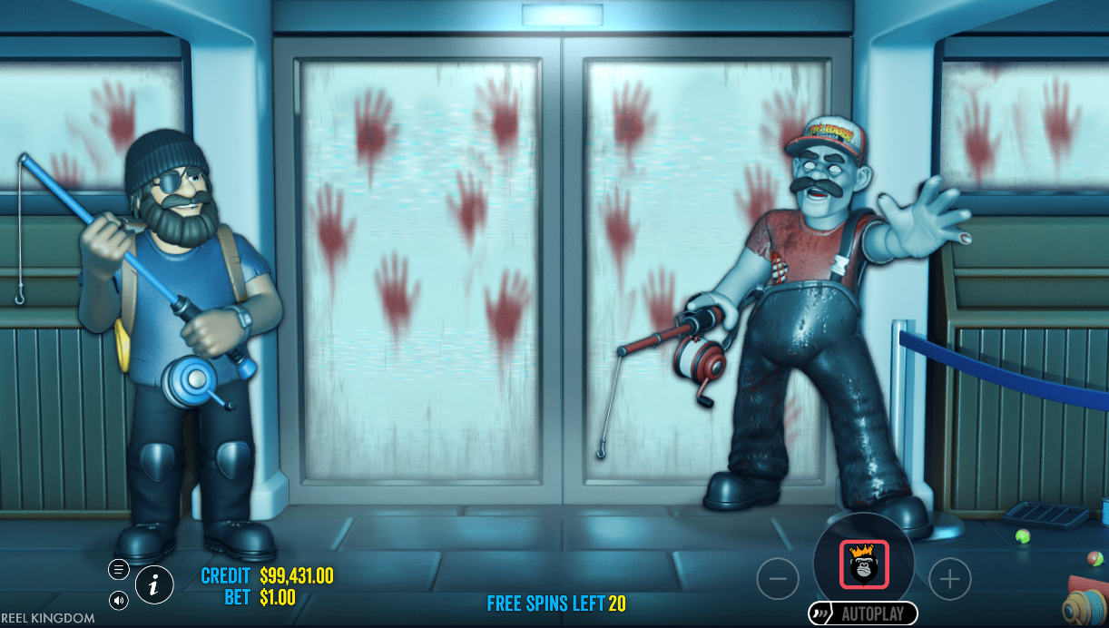two zombie fishermen with fishing rods flanking blood-smeared doors and 20 free spins on the counter
