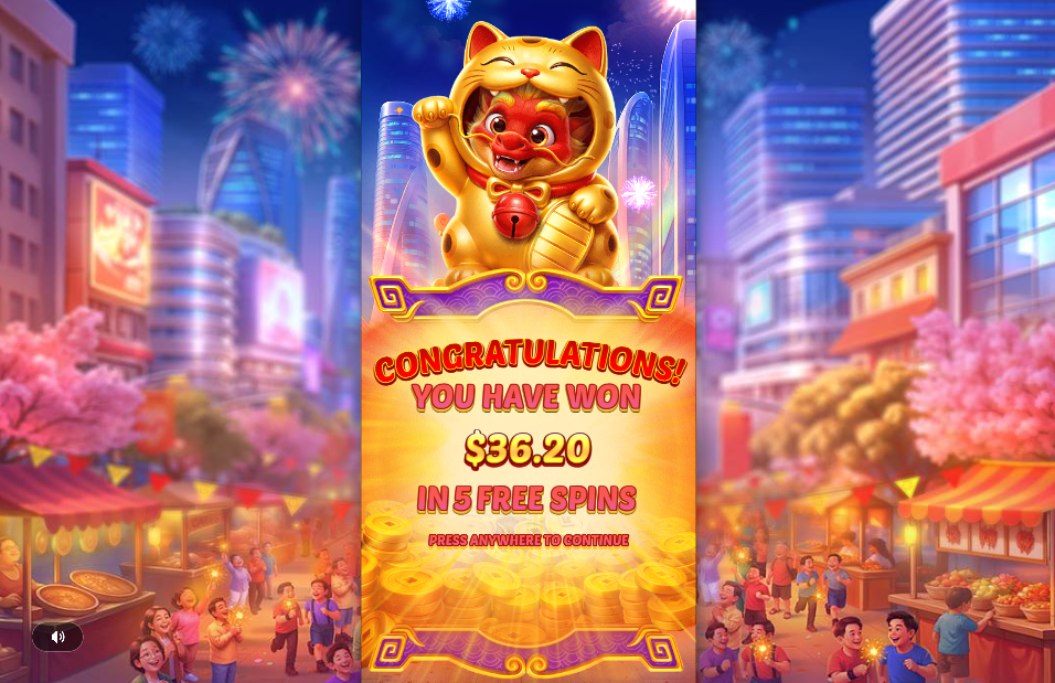 free spins result screen with fireworks over a street festival