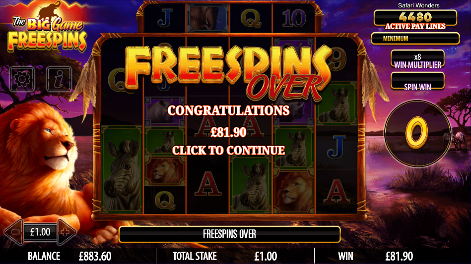 Free Spins conclusion screen showing £81.90 won across ten spins
